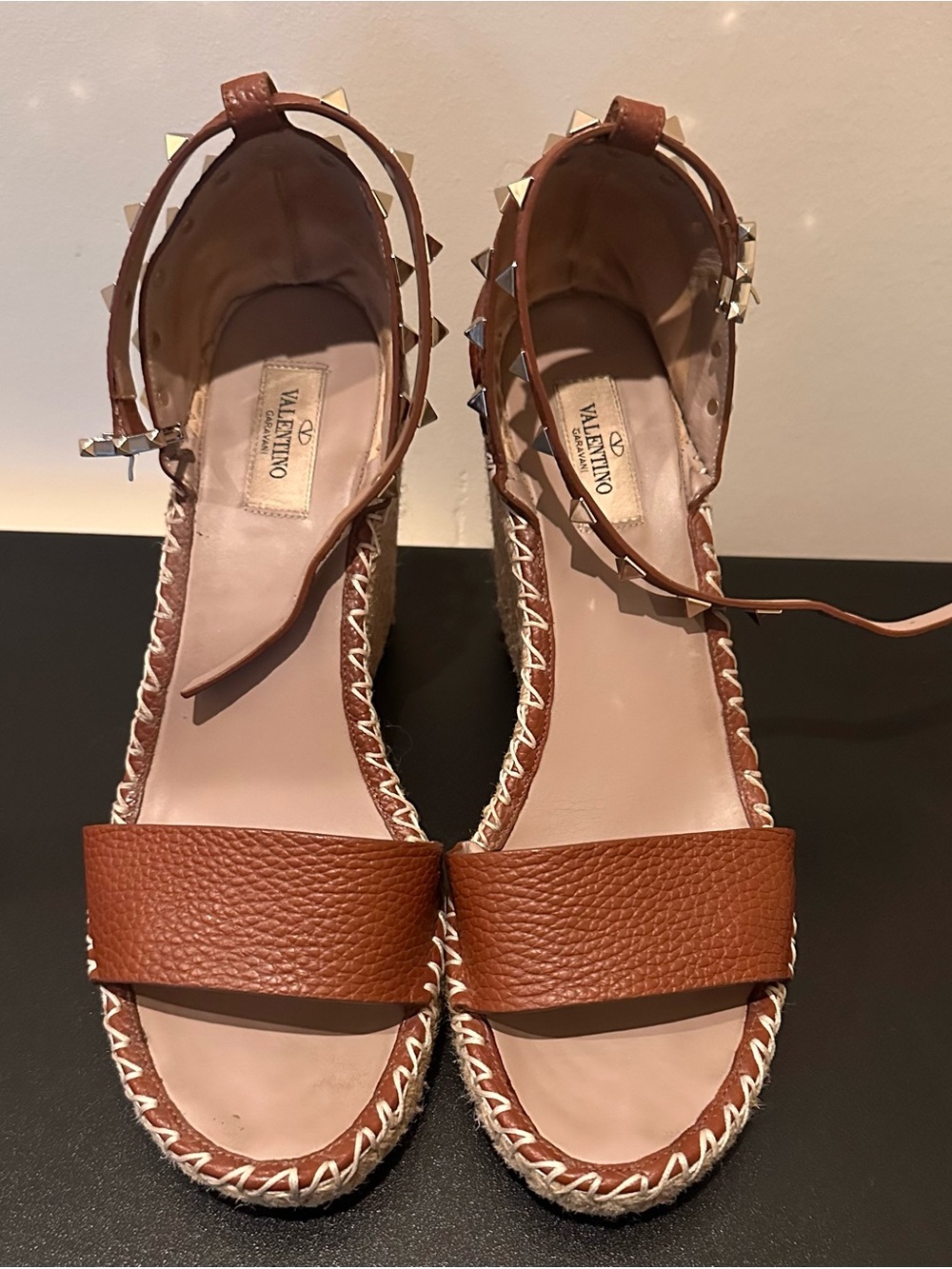 Valentino Tan Leather Studded Ankle-Strap Espadrille Wedges